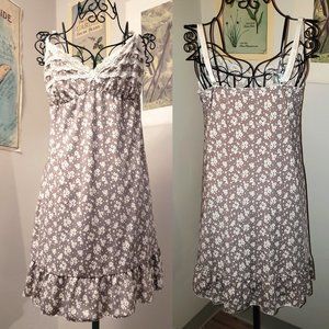 White Lace Floral Print Short Lacey Boho Slipdress Taupe Cottagecore S